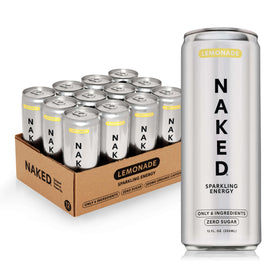 NAKED Sparkling Lemonade bottle shows organic caffeine for steady lift