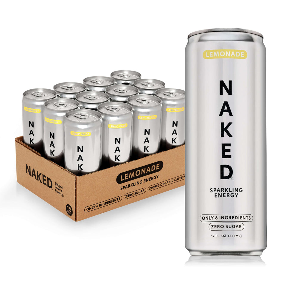 NAKED Sparkling Lemonade bottle shows organic caffeine for steady lift