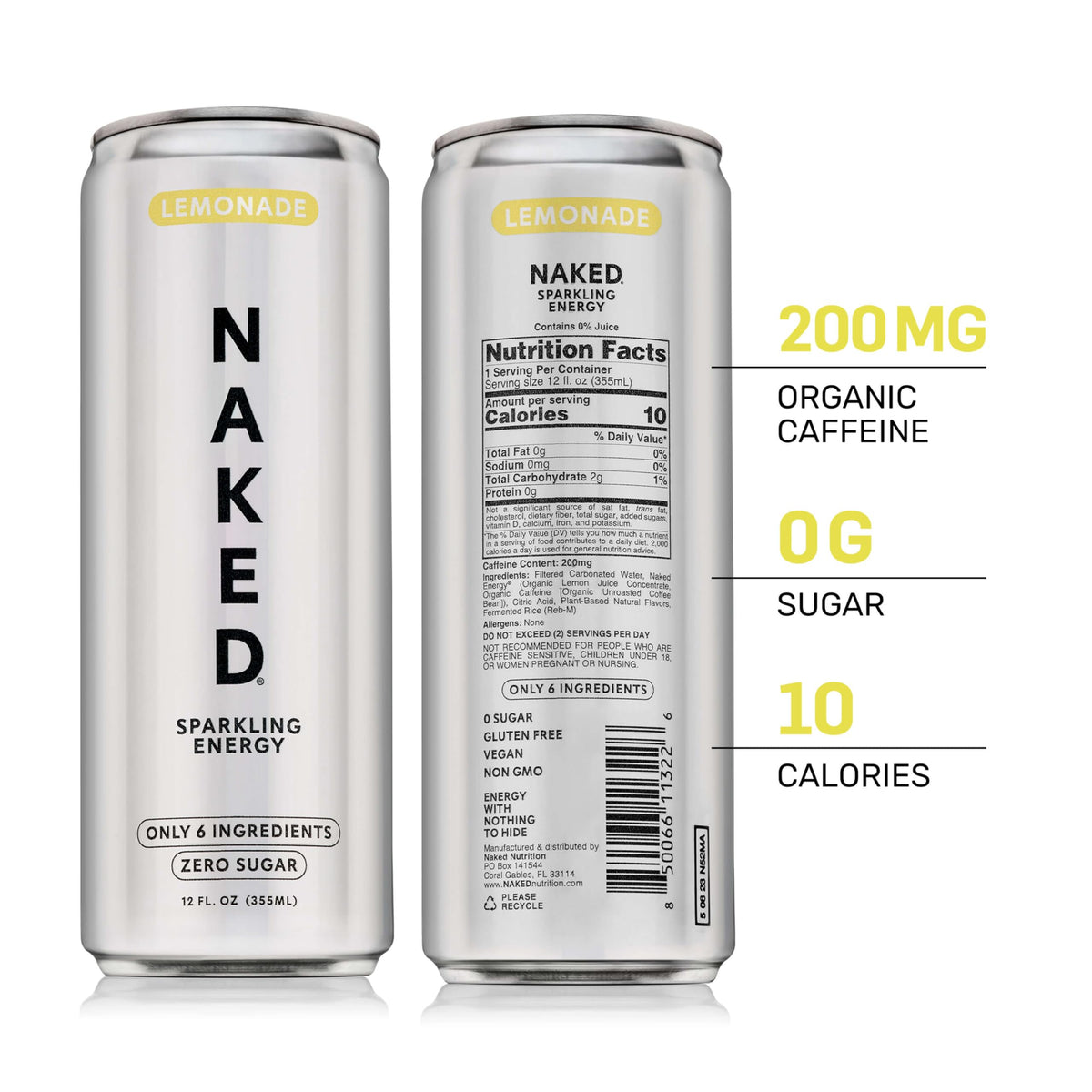 NAKED Sparkling Lemonade can closeup highlights zero sugar crisp taste