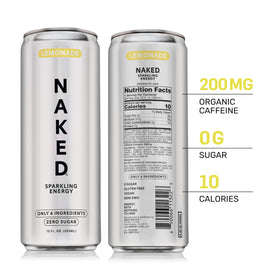 NAKED Sparkling Lemonade can closeup highlights zero sugar crisp taste