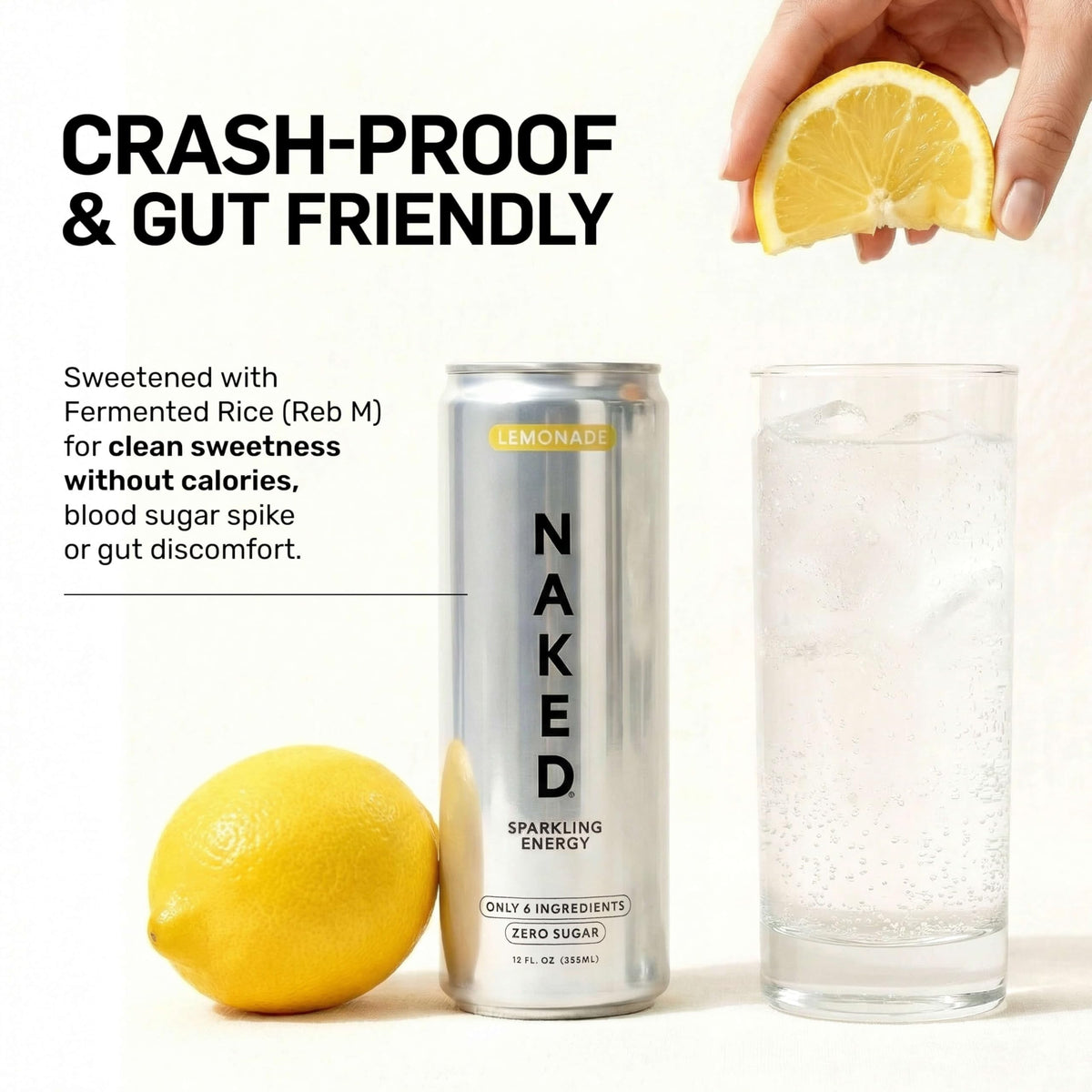 NAKED Sparkling Lemonade ingredients panel shows organic lemon juice and caffeine
