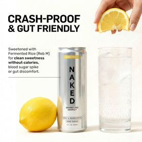 NAKED Sparkling Lemonade ingredients panel shows organic lemon juice and caffeine