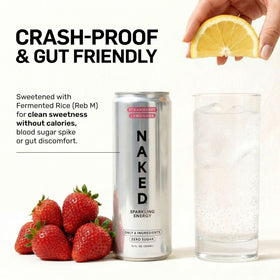 NAKED Sparkling Energy glass with ice for a refreshing, jitters-free experience.