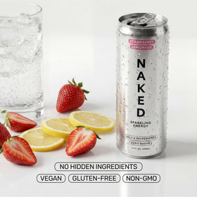 NAKED Sparkling Energy label details highlighting premium ingredients.