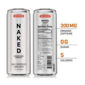 NAKED Sparkling Energy Orange can being poured into a glass for refreshing energy