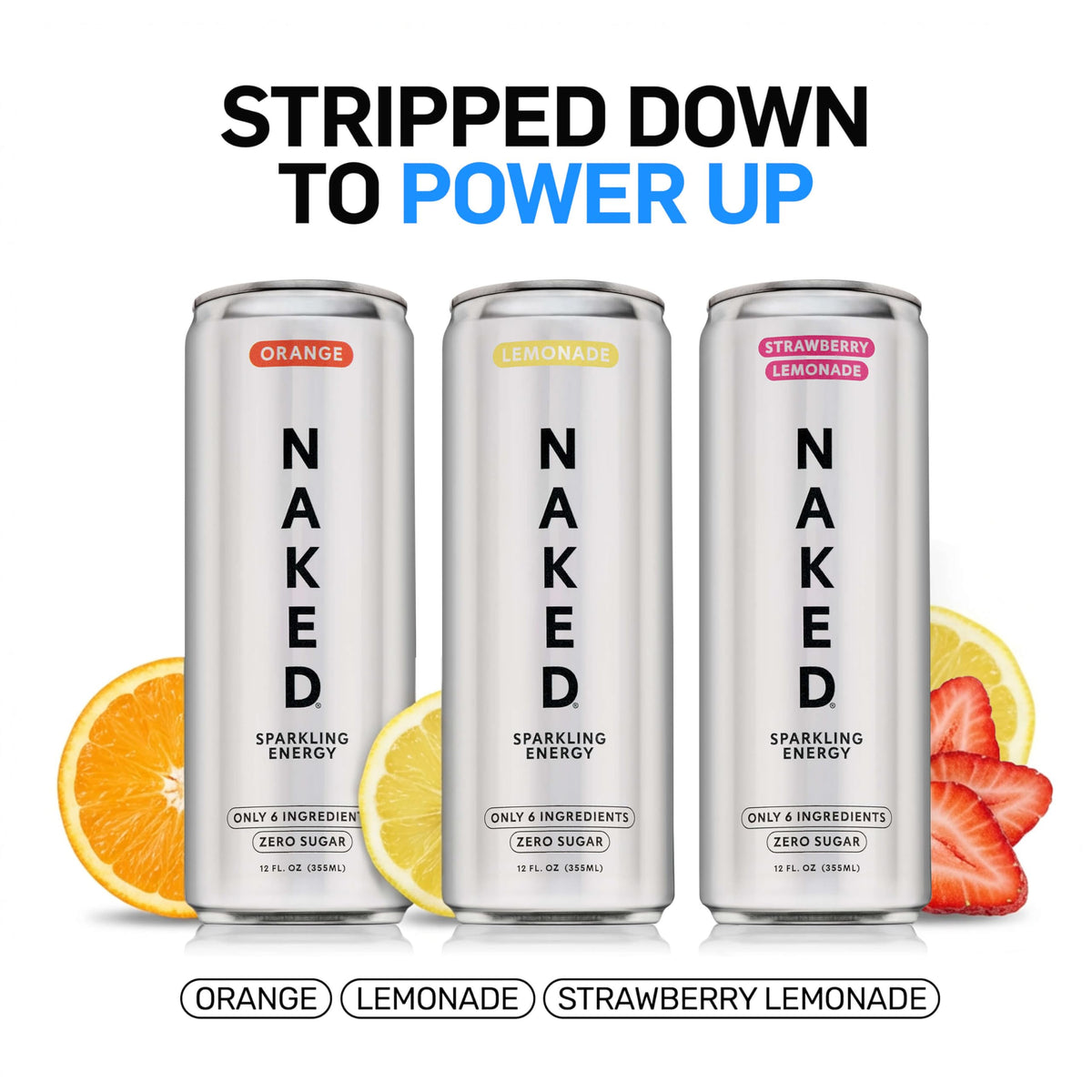 NAKED Sparkling Energy Orange can evokes crisp, refreshing citrus flavor