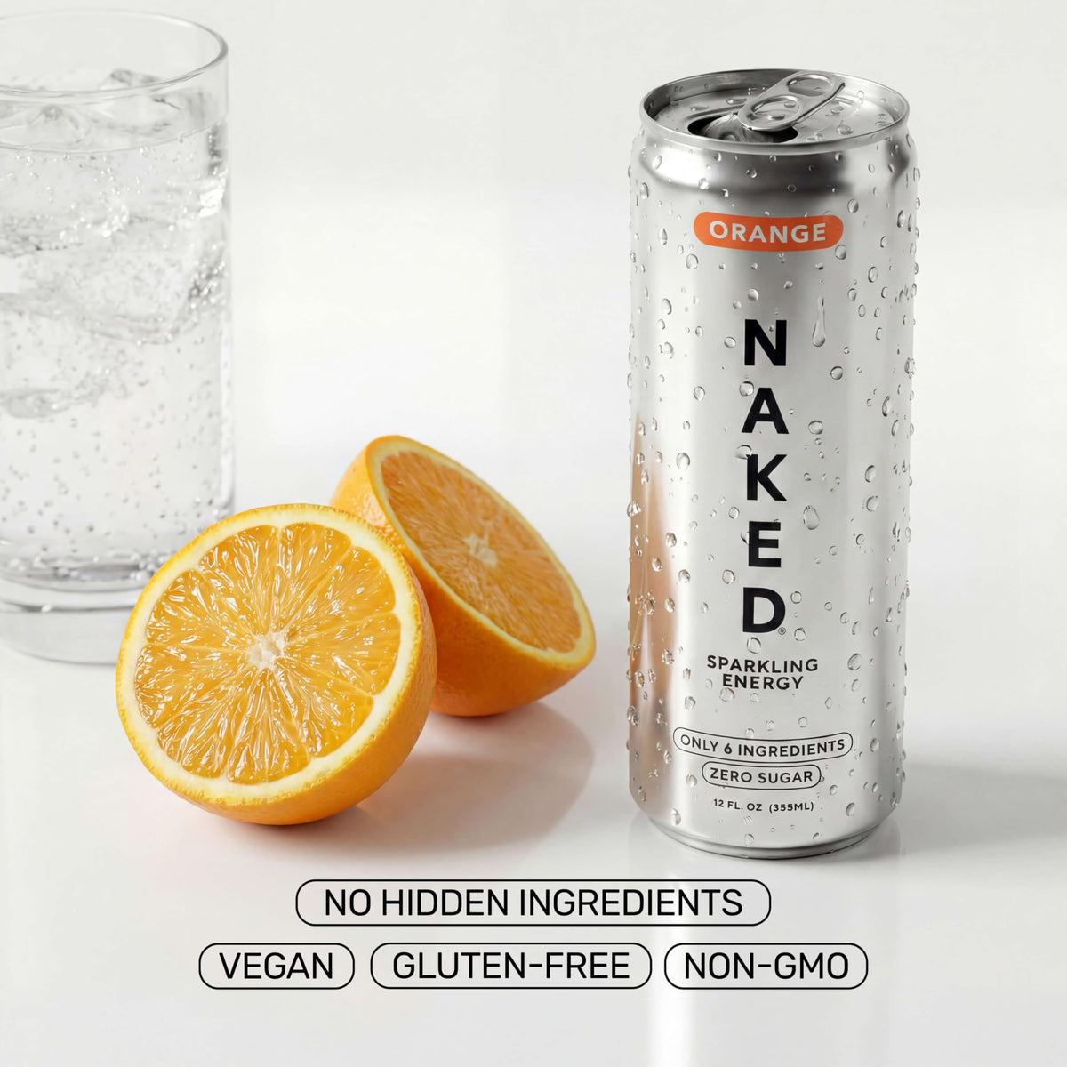 NAKED Sparkling Energy Orange ingredients graphic showing six premium ingredients