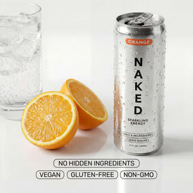 NAKED Sparkling Energy Orange ingredients graphic showing six premium ingredients