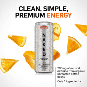 NAKED Sparkling Energy Orange label close-up highlighting organic caffeine and zero sugar