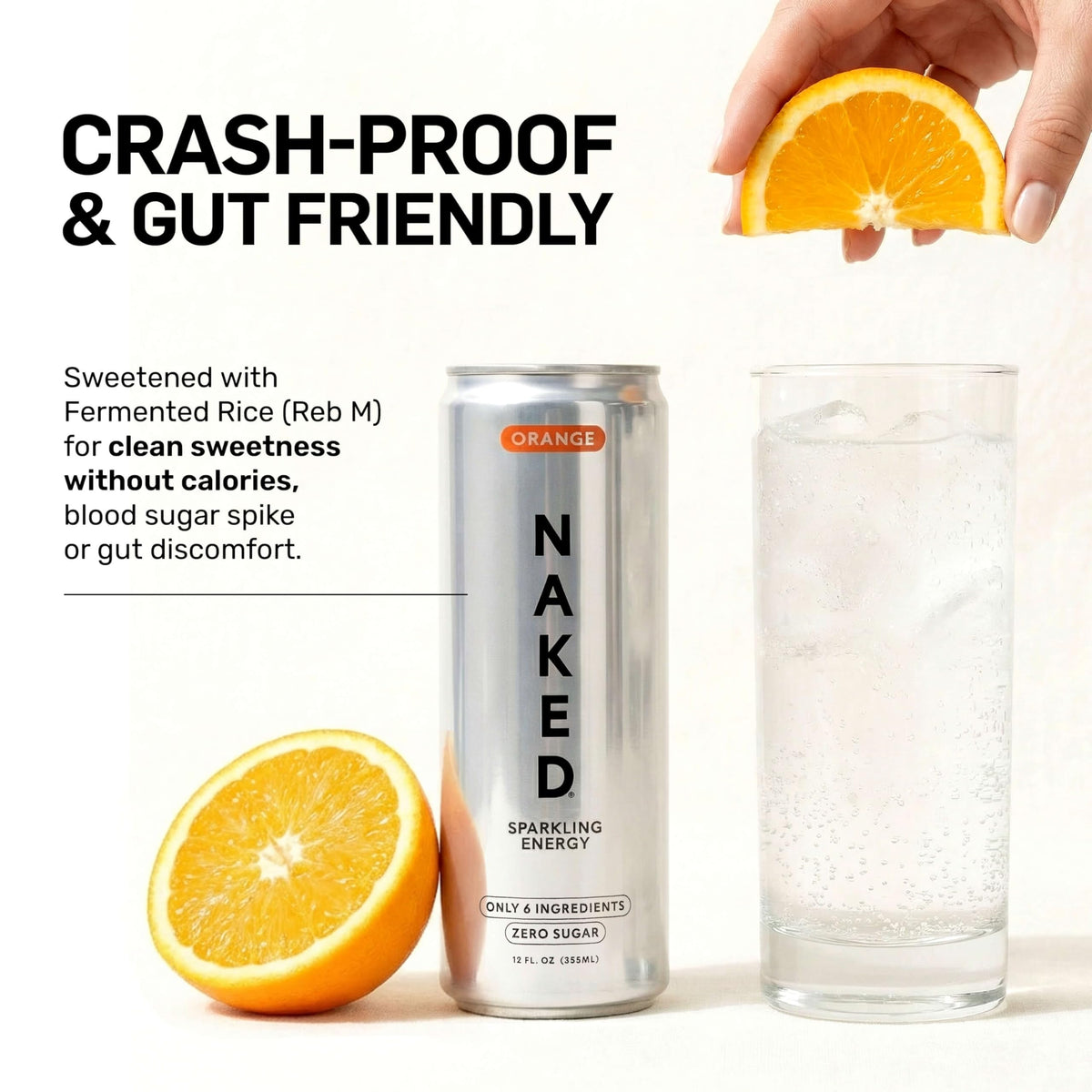 NAKED Sparkling Energy Orange 12-pack showcasing vegan, gluten-free, non-GMO