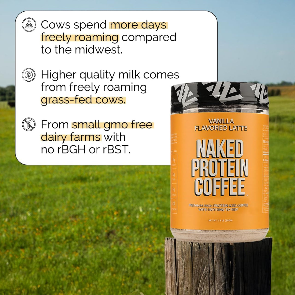 NAKED Vanilla Latte glass of shake emphasizes 20g protein and clean ingredients.