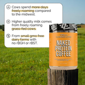 NAKED Vanilla Latte glass of shake emphasizes 20g protein and clean ingredients.