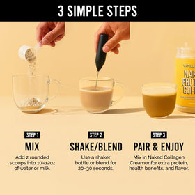 NAKED Vanilla Latte nutrition panel highlights keto-friendly, gluten-free attributes.