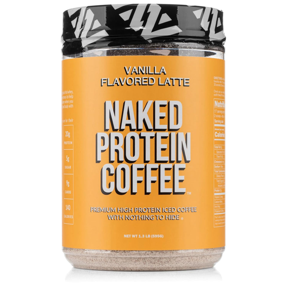 NAKED Vanilla Latte protein coffee bottle showcases creamy iced energy for busy mornings.
