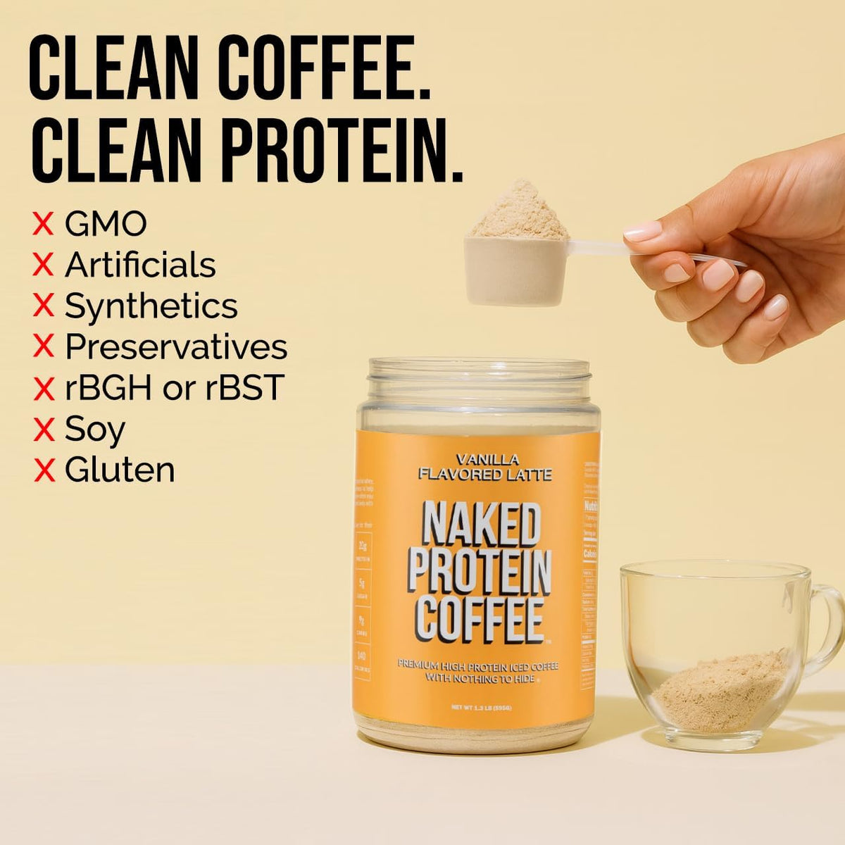 NAKED Vanilla Latte protein coffee powder scoop highlights convenient, high-protein start.
