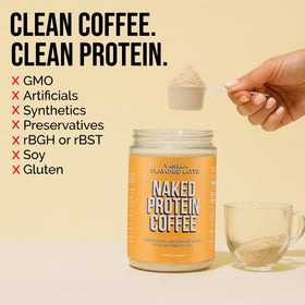 NAKED Vanilla Latte protein coffee powder scoop highlights convenient, high-protein start.