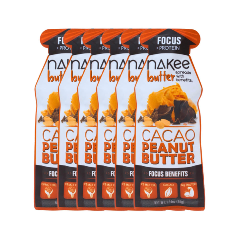 Nakee Butter Focus cacao peanut butter 6-pack display, highlighting convenient gluten-free snack