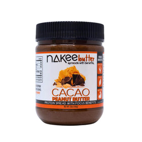 Nakee Butter Focus cacao peanut butter jar with glossy chocolatey spread for energy.