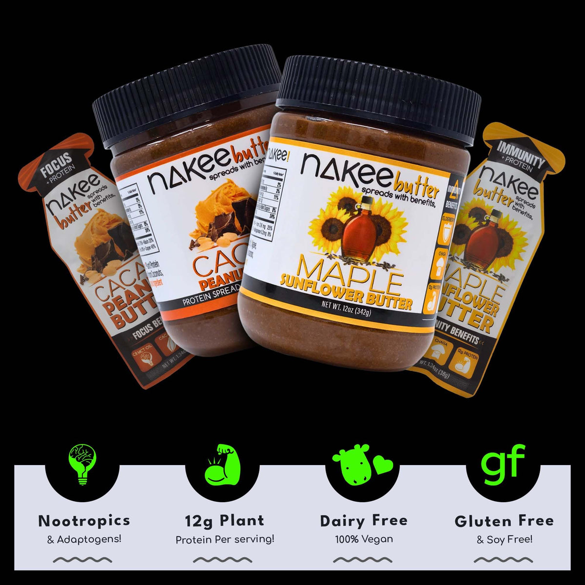 Single pouch pour of Nakee Butter Focus cacao peanut butter for quick energy