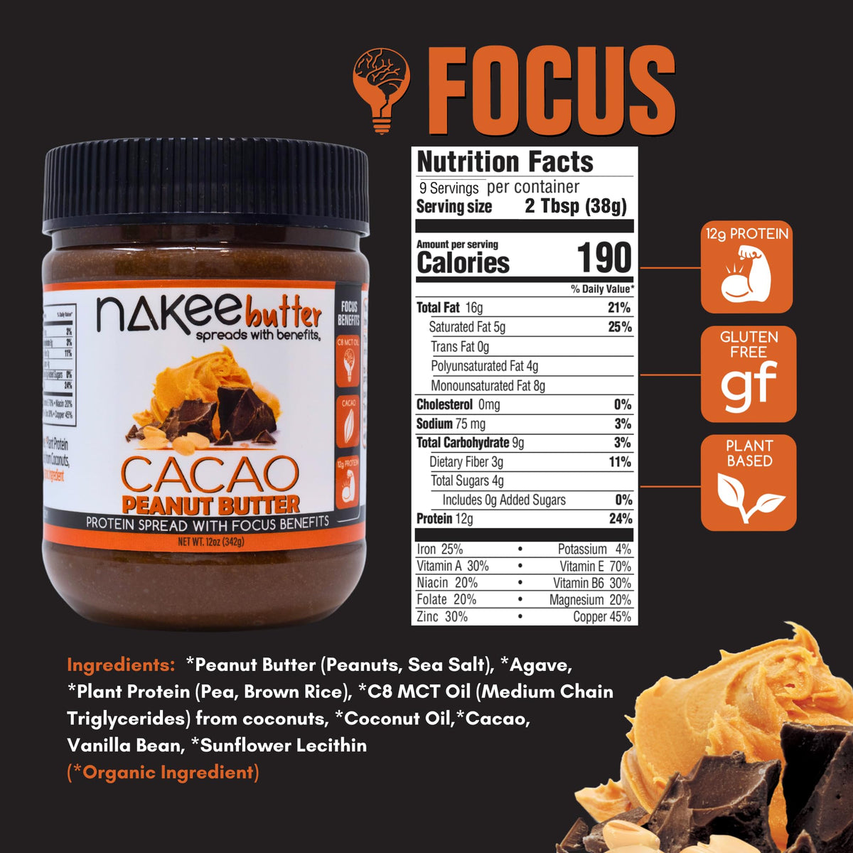 Close-up of Nakee Butter Focus ingredient panel showing clean-label ingredients.