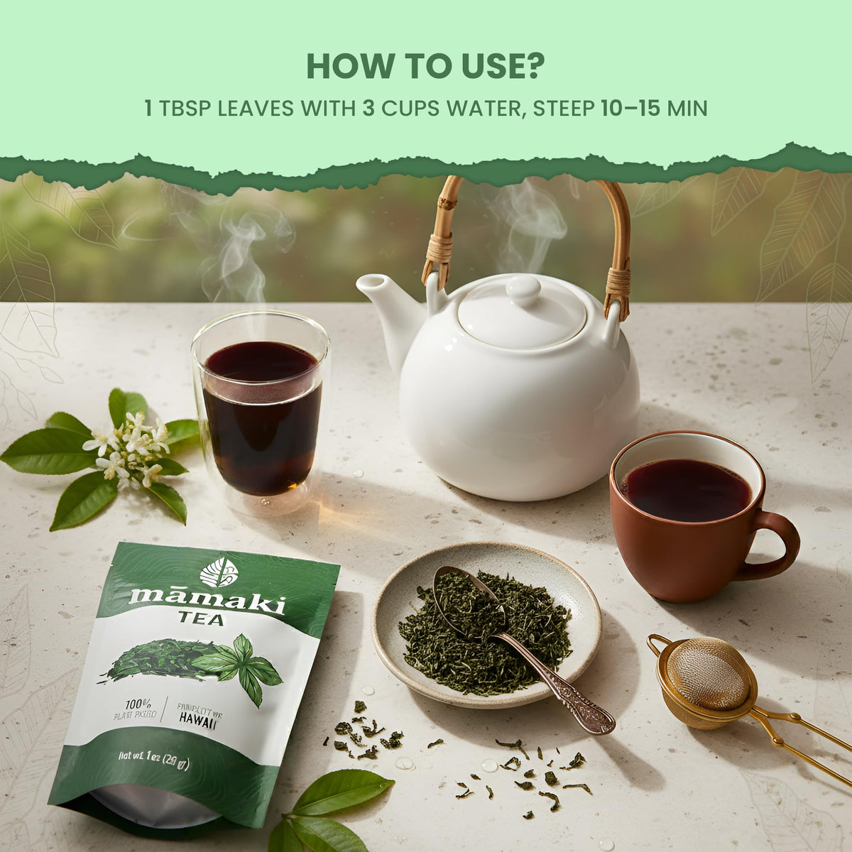 Brewing Mamaki tea steps from Nakihalani Farm for rich, calming cup.
