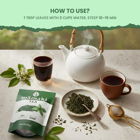 Brewing Mamaki tea steps from Nakihalani Farm for rich, calming cup.