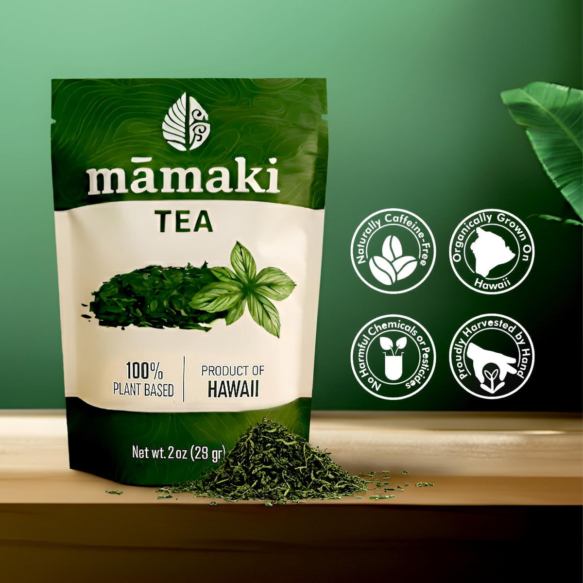 Close-up of Nakihalani Mamaki tea leaves highlighting organic harvest for soothing tea.