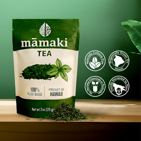 Close-up of Nakihalani Mamaki tea leaves highlighting organic harvest for soothing tea.