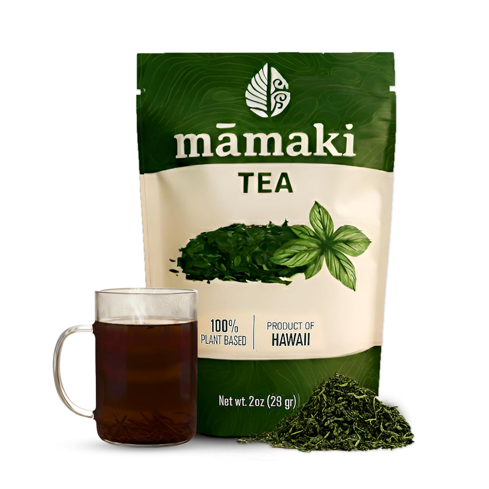 Nakihalani Farm Mamaki Tea packaging for authentic Hawaiian gift, caffeine-free convenience.