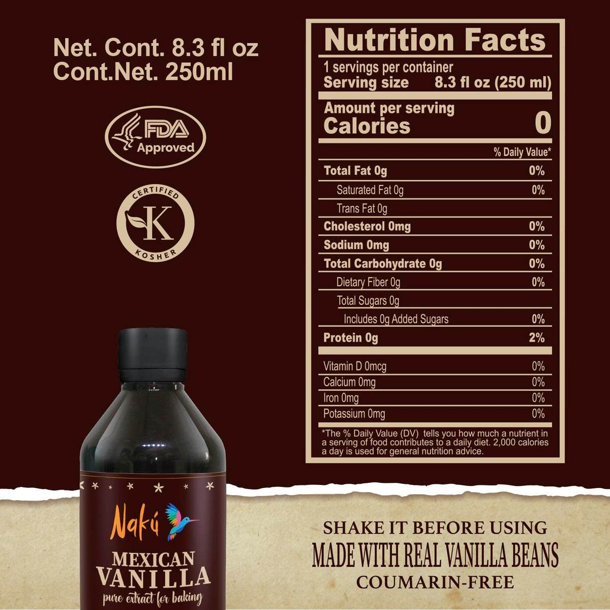 Naku vanilla extract bottle on kitchen counter for cakes and smoothies
