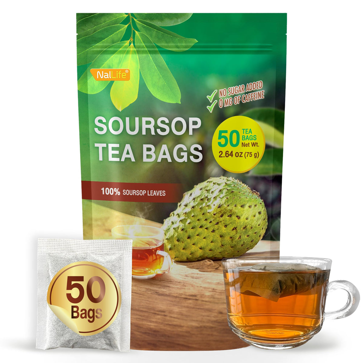 NalLife soursop tea bags close-up showing authentic leaf pieces for rich aroma