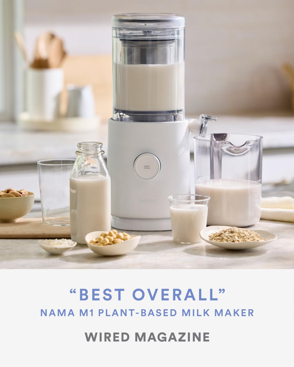 Nama M1 ingredients setup with nuts and oats for versatile milk options