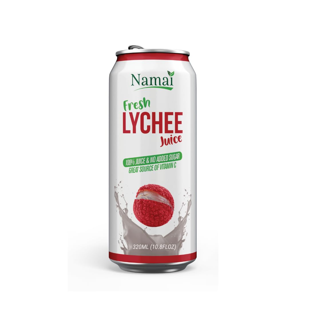 Namai Lychee Juice pour highlighting a clean, preservative-free beverage for hot days.