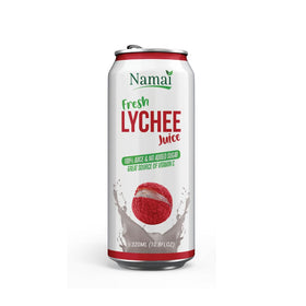 Namai Lychee Juice pour highlighting a clean, preservative-free beverage for hot days.