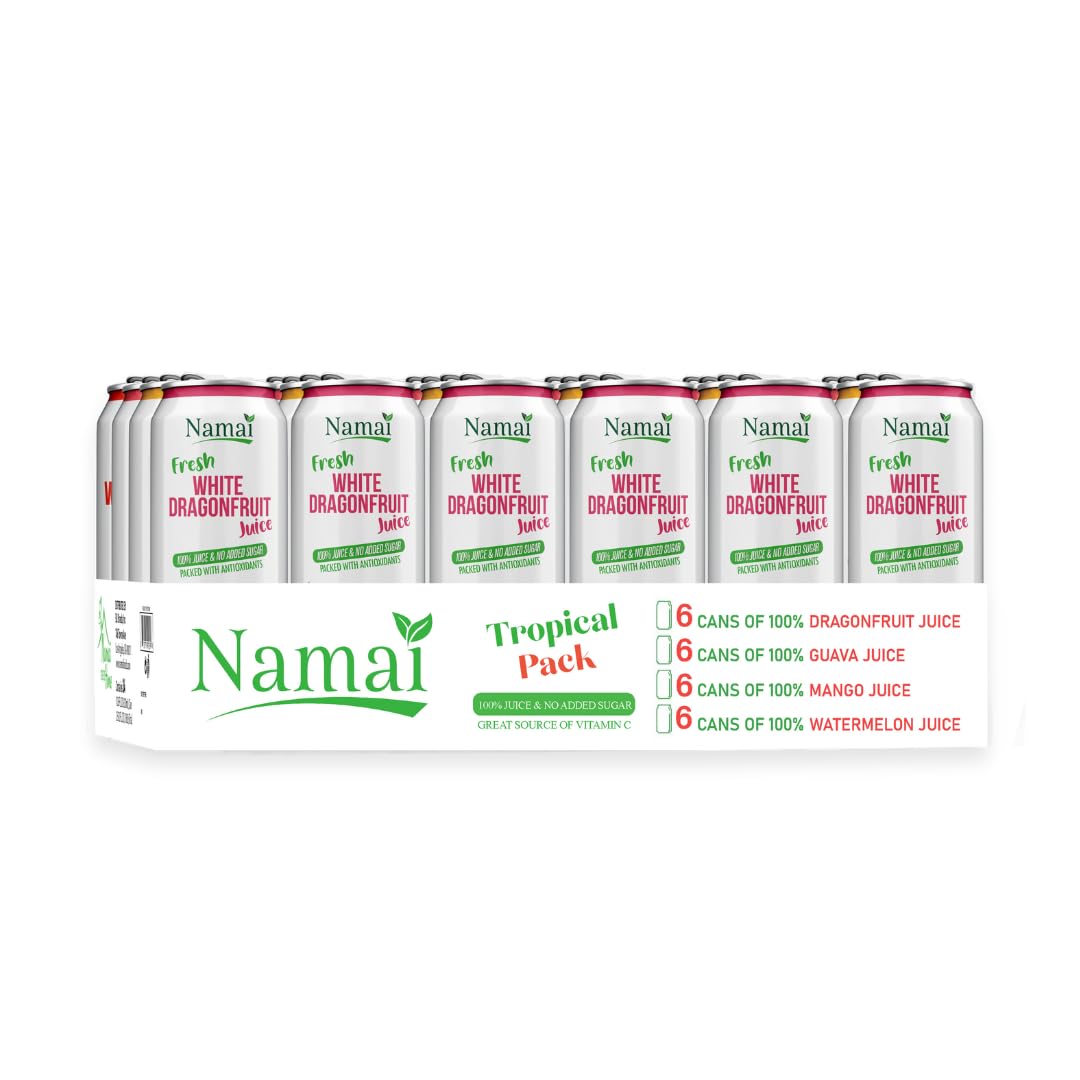Namai pack label closeup highlights preservative-free juice and charitable donation.