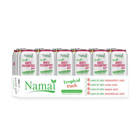 Namai pack label closeup highlights preservative-free juice and charitable donation.