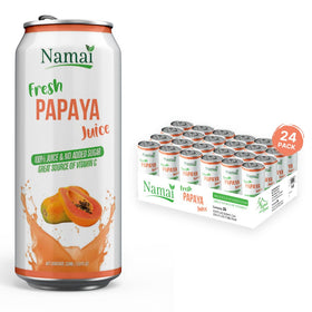 Namai Papaya Juice bottle pour reveals clean ingredients and refreshing flavor.