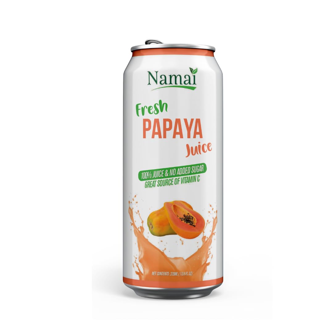 Namai Papaya Juice packaging 24-pack emphasizes convenient, preservative-free refreshment.