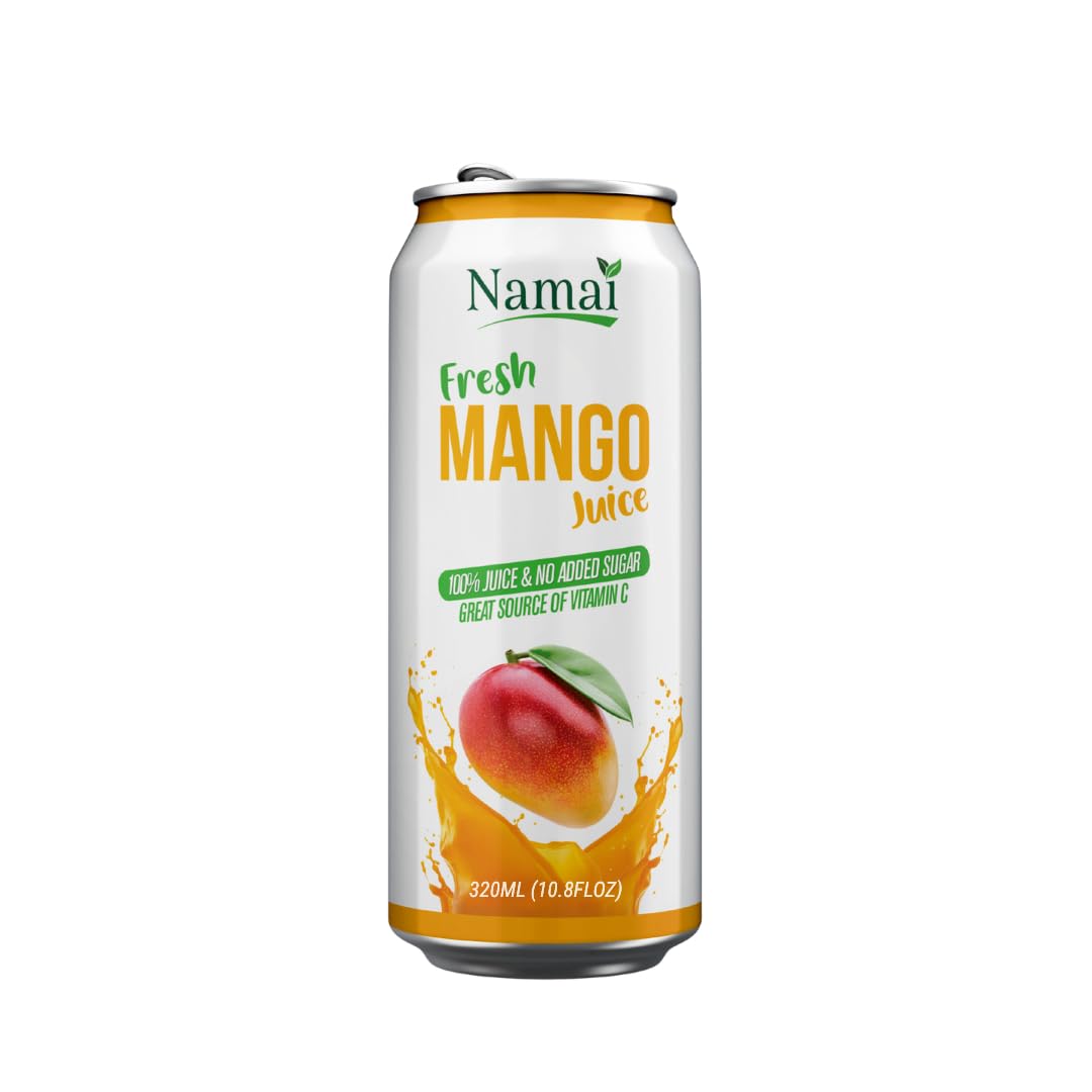 Namai Pure Mango Juice kitchen table moment, family enjoys a refreshing drink.