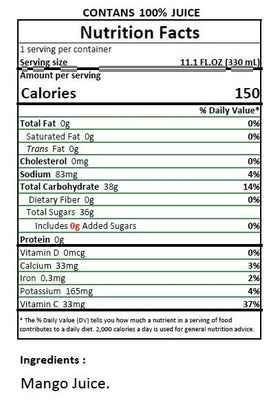 Namai Pure Mango Juice no-added-sugar label close-up.