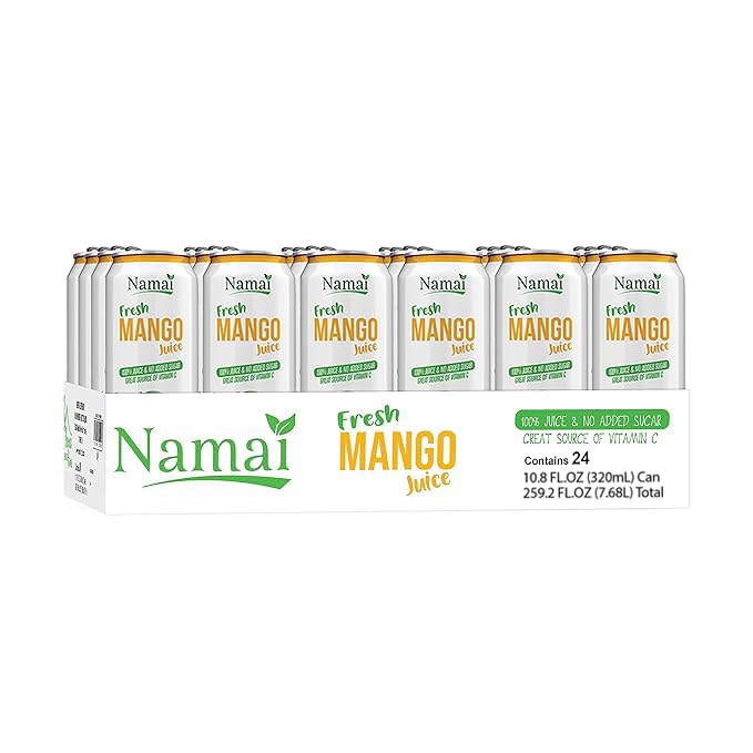 Namai Pure Mango Juice preservative-free can close-up preserving fresh taste.