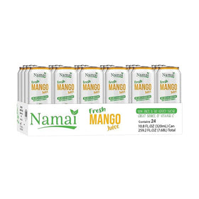 Namai Pure Mango Juice preservative-free can close-up preserving fresh taste.