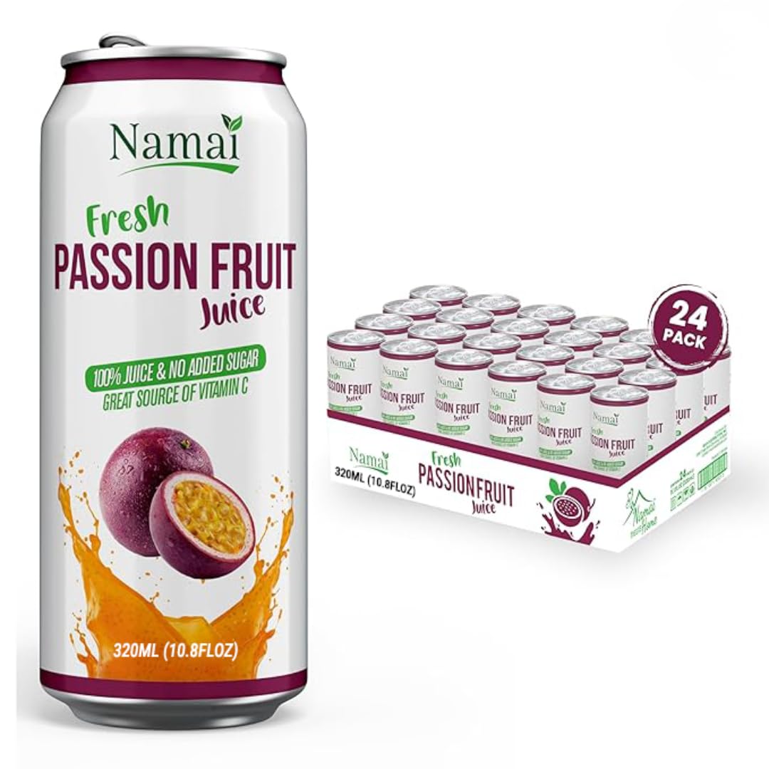 Namai Pure Passion Fruit Juice bottle; clean energy boost, no added sugar.