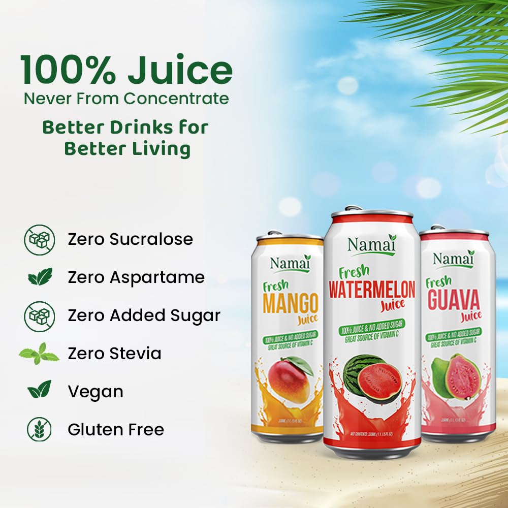 Namai Pure Soursop Juice 24-pack can tower shows no added sugar appeal.