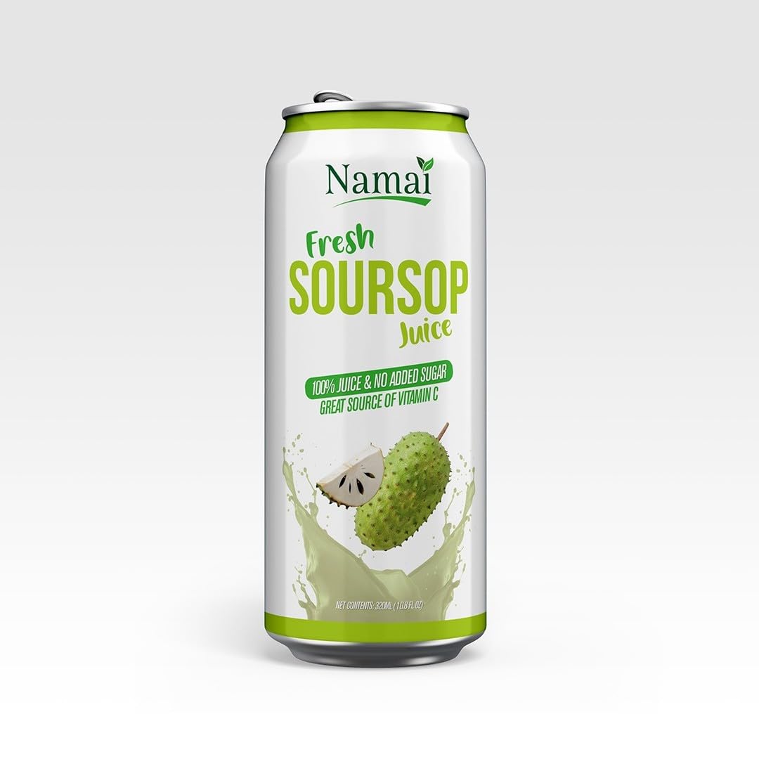 Namai Pure Soursop Juice label detail emphasizes single-ingredient, preservative-free juice.