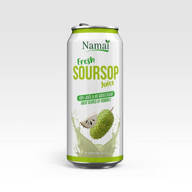 Namai Pure Soursop Juice label detail emphasizes single-ingredient, preservative-free juice.