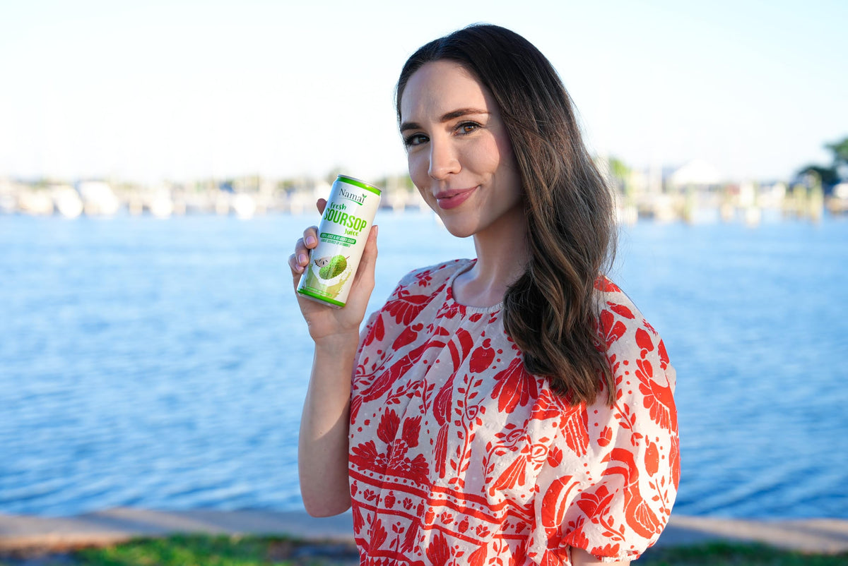Namai Pure Soursop Juice pour into glass demonstrates refreshing, caffeine-free satisfaction.
