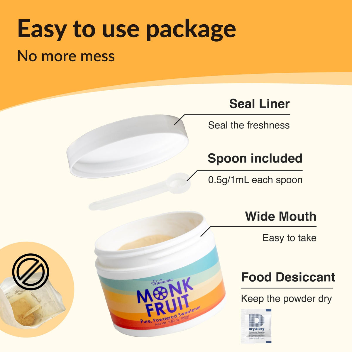 NAMANNA monk fruit sweetener ingredients label highlighting vegan, non-GMO status.