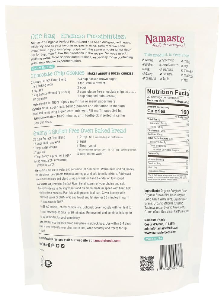 Namaste Foods Perfect Flour Blend measuring scoop ensures precise gluten-free results.