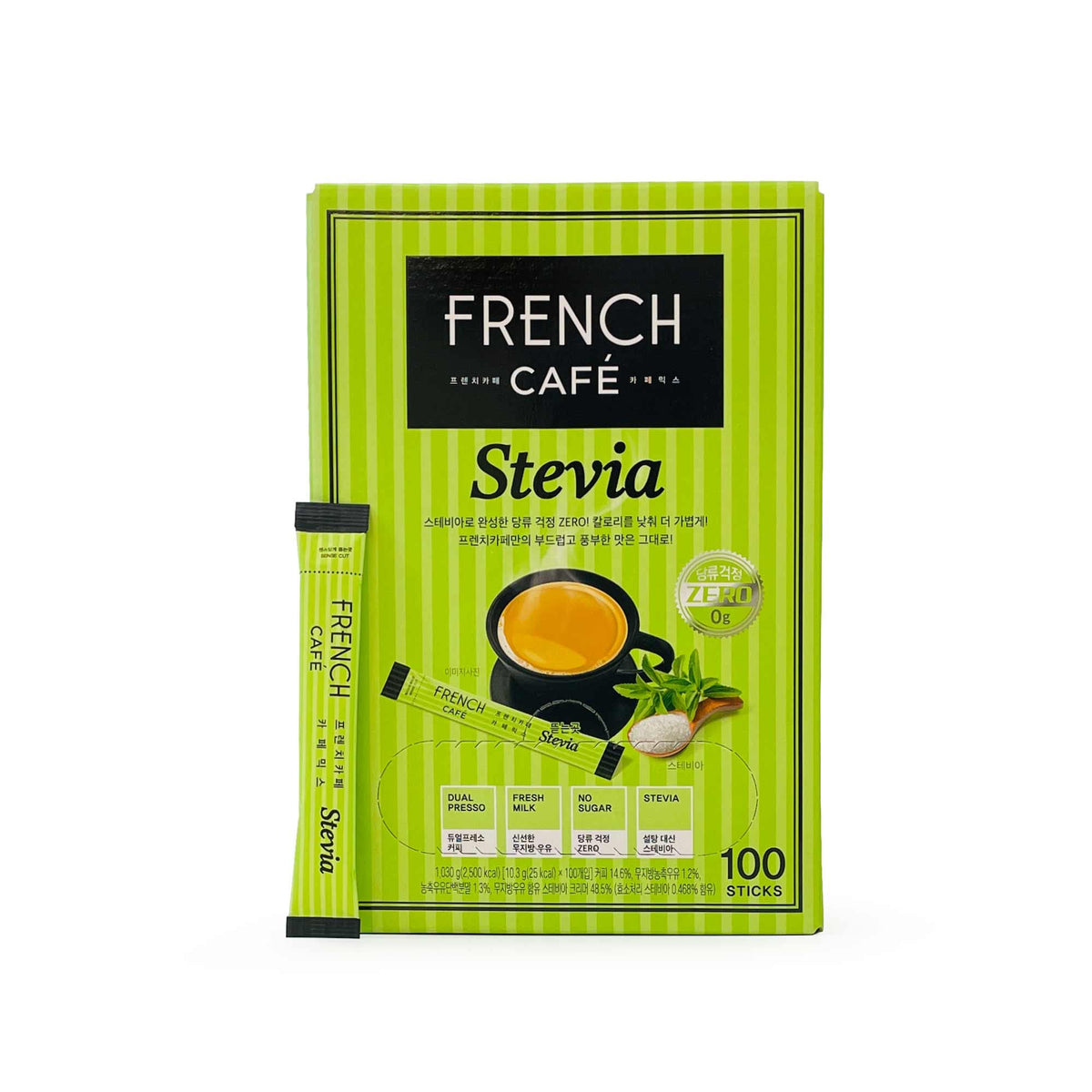 NAMYANG French Cafe Stevia instant coffee sticks packaging highlights zero sugar for quick mornings
